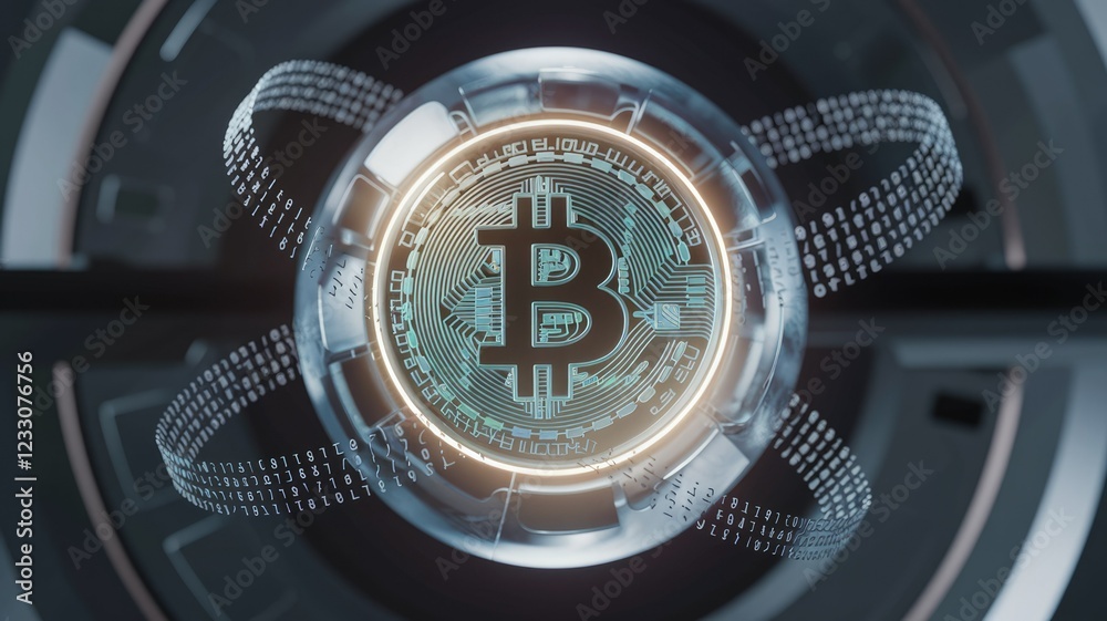 Aufkleber Futuristic Bitcoin cryptocurrency displayed as a digital coin with binary code swirling around it.