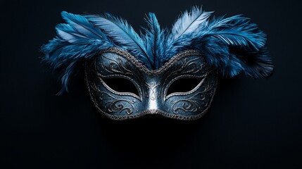 Naklejka premium An elegant Venetian mask with gold details and black feathers, isolated on a dark background. Suitable for theater or artistic projects.