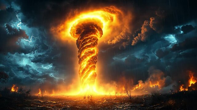 Fiery Inferno: A breathtaking digital art depicting a fiery tornado amidst a ravaged landscape, illuminated by dramatic lightning strikes. The scene evokes a sense of awe and destruction.