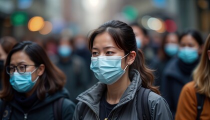 Woman wearing face mask in crowded city street. Public health concern visible in urban area. People walking outdoors during epidemic. Protective measures against disease. Urban lifestyle during virus