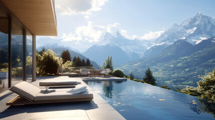 Luxurious infinity pool overlooking majestic mountains and lush greenery, perfect for relaxation and tranquility. serene escape in nature beauty