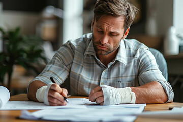 Man with broken arm in sling, carefully filling out health insurance claim form at desk