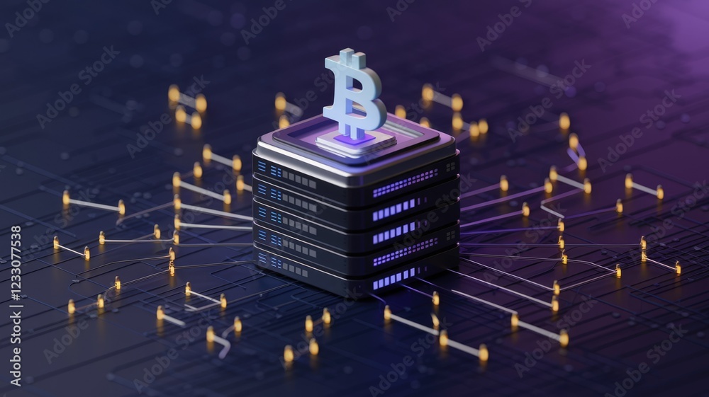 Poster bitcoin symbol atop a server rack, illustrating cryptocurrency's decentralized infrastructure and ne