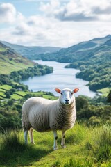 Fototapeta premium Sheep grazing on lush green hills near a serene lake, showcasing vibrant nature and idyllic rural landscape in the countryside with mountains and blue sky.