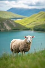 Obraz premium Sheep grazing on lush green pasture near a serene lake, surrounded by rolling hills and mountains under a cloudy sky. Ideal for nature and livestock themes.
