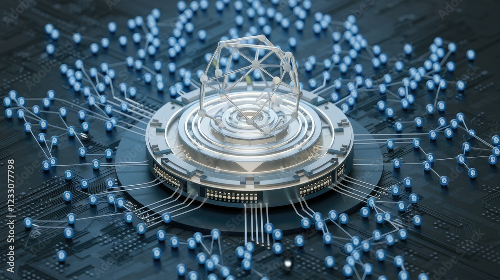 Poster Networked data nodes connected to a central processing unit, illustrating complex data processing and interconnected systems.