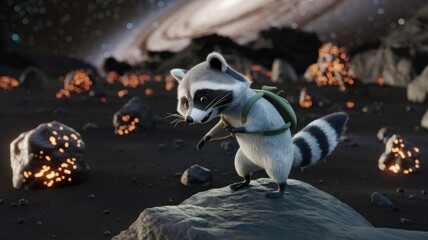 Fototapeta premium A cute raccoon with a backpack explores a fiery, alien landscape under a starry sky.