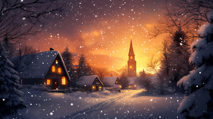 Fototapeta premium Winter village sunset snowy night starlit scene. Starlit Spire. Illustration