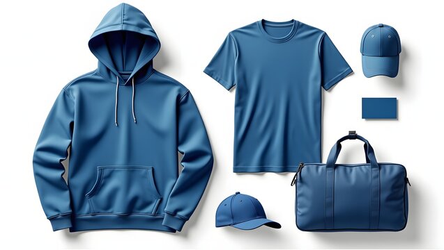 Create realistic mockup of design template. Dark blue. Classic stationery template. Hoodie, T-shirt, Hat, T-shirt, Cap, Travel bag, Business card. Isolated on plain white background.