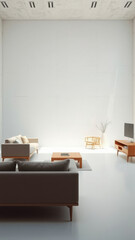 Empty room with a large white concrete wall and wooden furniture , room, space