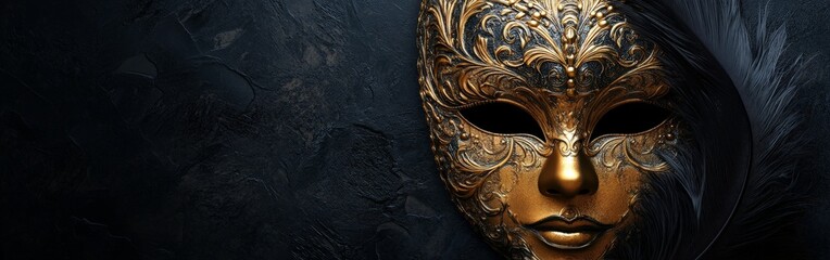 An elegant Venetian mask with gold details and black feathers, isolated on a dark background. Suitable for theater or artistic projects.