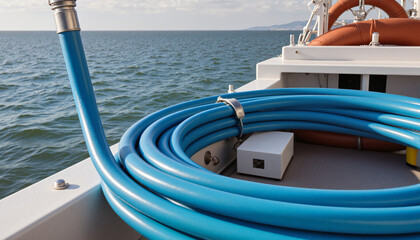 Neatly coiled blue cable on ship deck with calm ocean view under soft daylight