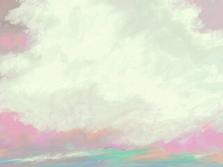 Impressionistic Light & Airy-Lighthearted Cloudscape or Landscape of Cloud over Meadow, Pasture or Valley- Digital Painting, art, Illustration in Soft Pastels of Pink, Orange, green