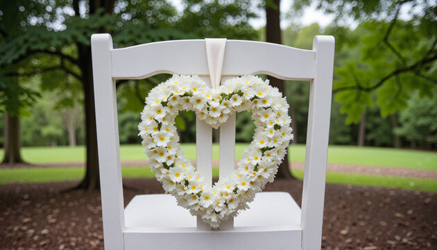Minimalist heart wreath made of flowers hanging on a white chair in a romantic setting - Powered by Adobe