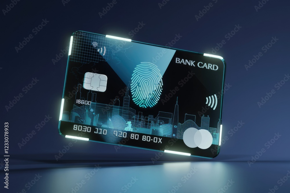 Poster futuristic bank card with fingerprint sensor and contactless payment technology.