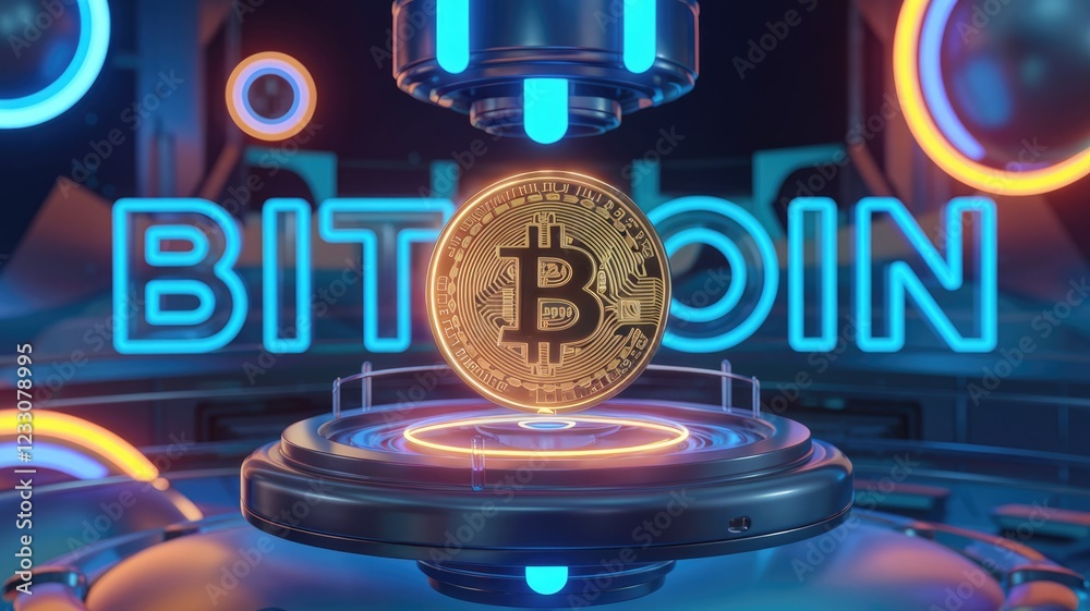 Poster a golden bitcoin cryptocurrency coin floats above a futuristic platform with neon blue 'bitcoin' let
