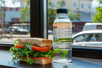Obraz premium Healthy lunch spread on workspace: water bottle, sandwich, colorful vegetables, and napkin on table