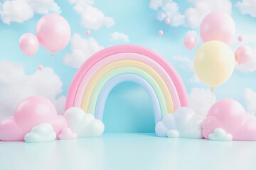Colorful rainbow backdrop with balloons and clouds in bright setting