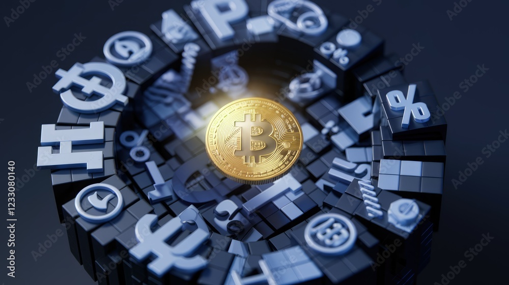 Poster a golden bitcoin coin rests atop a chaotic arrangement of various currency symbols, representing the