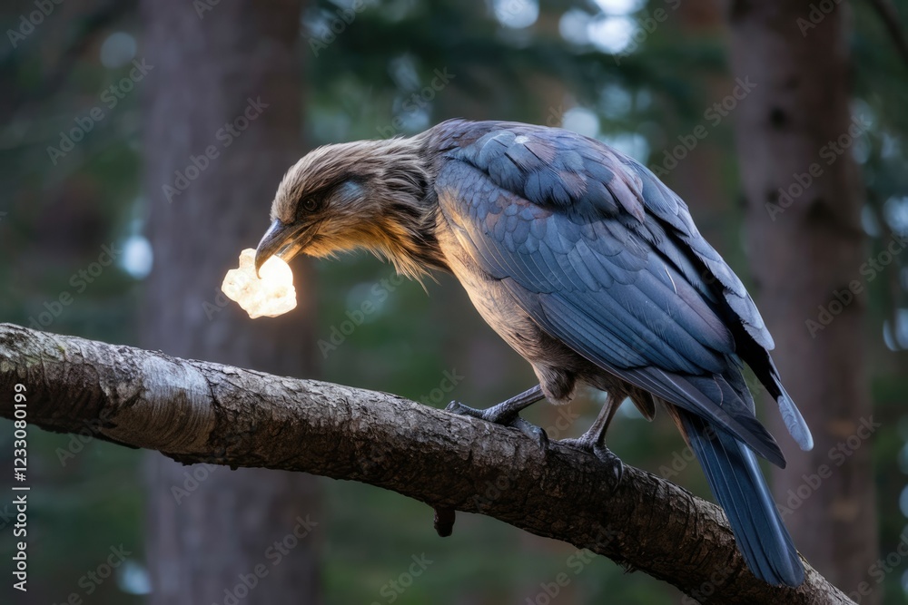 Poster a bird perches on a branch, holding a luminous object in its beak, bathed in soft light.