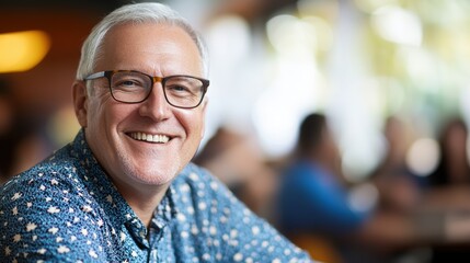 Smiling senior man with glasses in casual shirt at a cafe, enjoying coffee and conversation. Positive vibes, social interaction, and relaxed environment.
