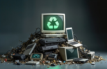 Pile of old tech like computers, electronics sits outdoors. Recycling symbol on monitor. Waste management issue shown. Retro tech in heap. Eco friendly solutions needed for discarded tech. Problem