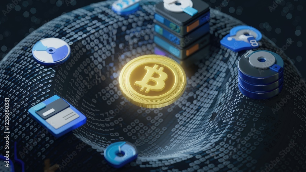 Poster Bitcoin cryptocurrency coin on a digital data background, representing blockchain technology and decentralized finance.