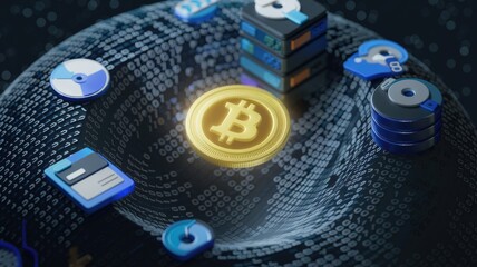 Bitcoin cryptocurrency coin on a digital data background, representing blockchain technology and decentralized finance.