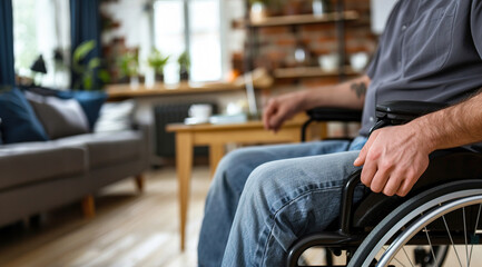 Obraz premium Man in a wheelchair in a compact office, working in professional atmosphere