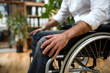 Obraz premium Man in a wheelchair in a compact office, working in professional atmosphere