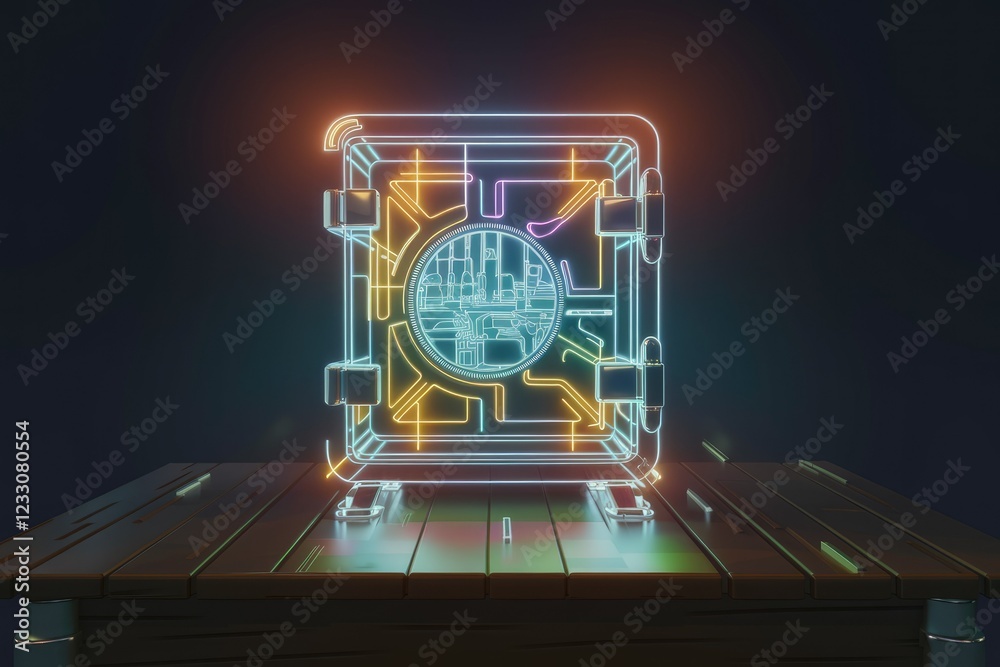 Poster neon-lit digital safe showcasing secure data storage and cyber protection.