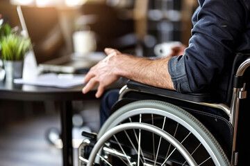 Fototapeta premium Man in a wheelchair in a compact office, working in professional atmosphere