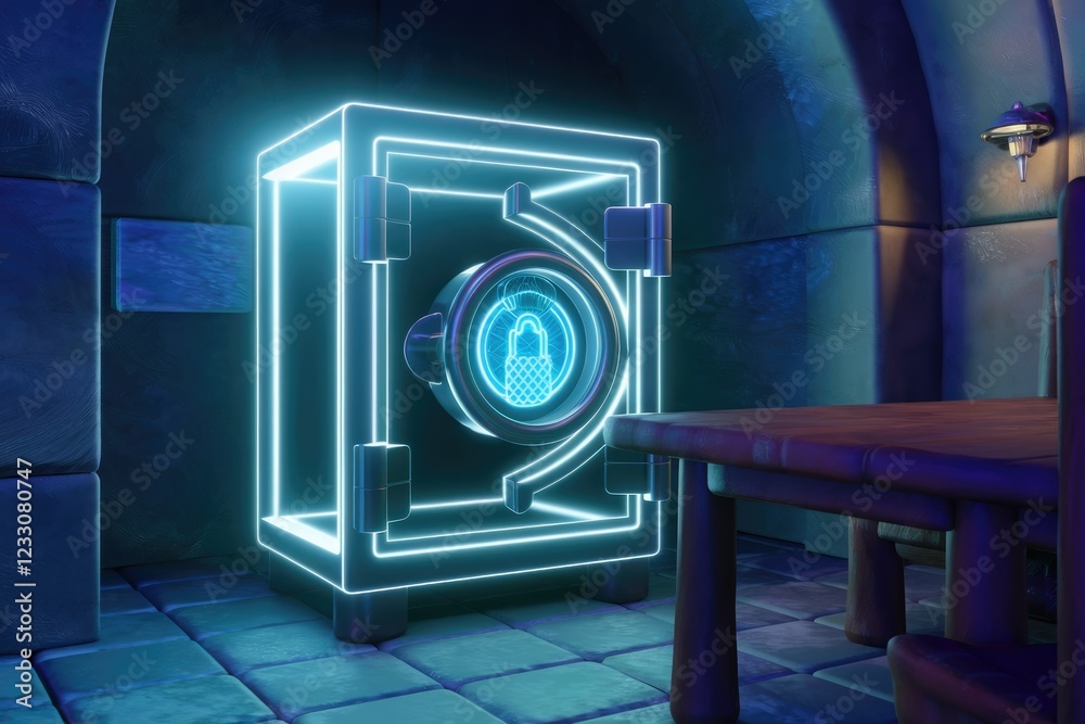 Poster a futuristic neon-lit safe with a digital lock in a dark, mysterious room.