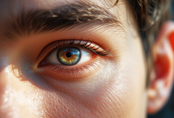 Close up of a young man eye highlighting clear vision and detailed eyelashes in natural light