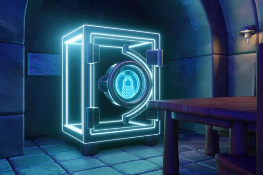 A futuristic neon-lit safe with a digital lock in a dark, mysterious room.