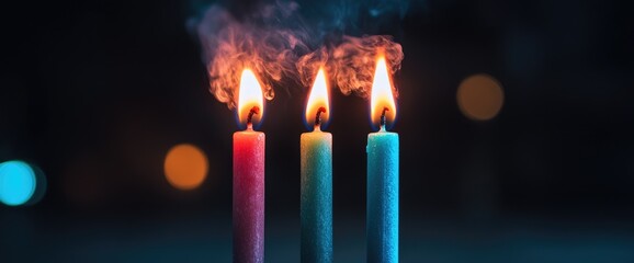 Three colorful candles burn brightly at night, bokeh background, remembrance