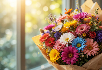 Colorful flower bouquet wrapped in kraft paper with sunlight background and space for text