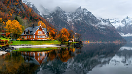 Fototapeta premium Autumnal lake house, mountain reflection, Norway