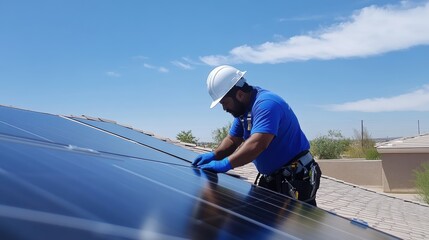 Solar panel installation in residential area with technician performing maintenance, promoting renewable energy and sustainability for clean energy solutions.