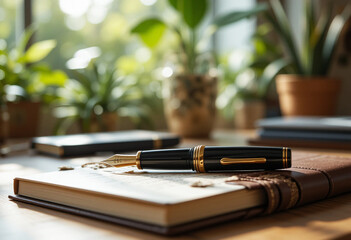 Luxury fountain pen with gold accents rests on a leather notebook in a sunlit workspace filled with greenery
