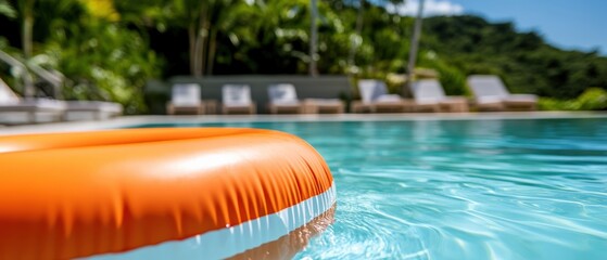 Swimming pool with orange float, relaxing tropical getaway featuring sun loungers, clear blue water, and lush greenery for vacation and leisure activities.