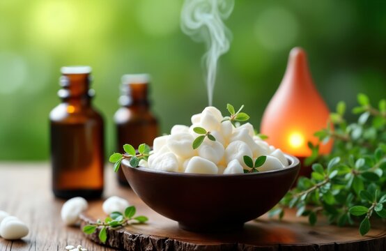 Aromatic camphor pieces in bowl steaming gently. Natural essential oil bottles, decorative aroma lamp add to spa-like ambiance. Fresh herbs surround bowl. Tranquil scene for relaxation, wellness