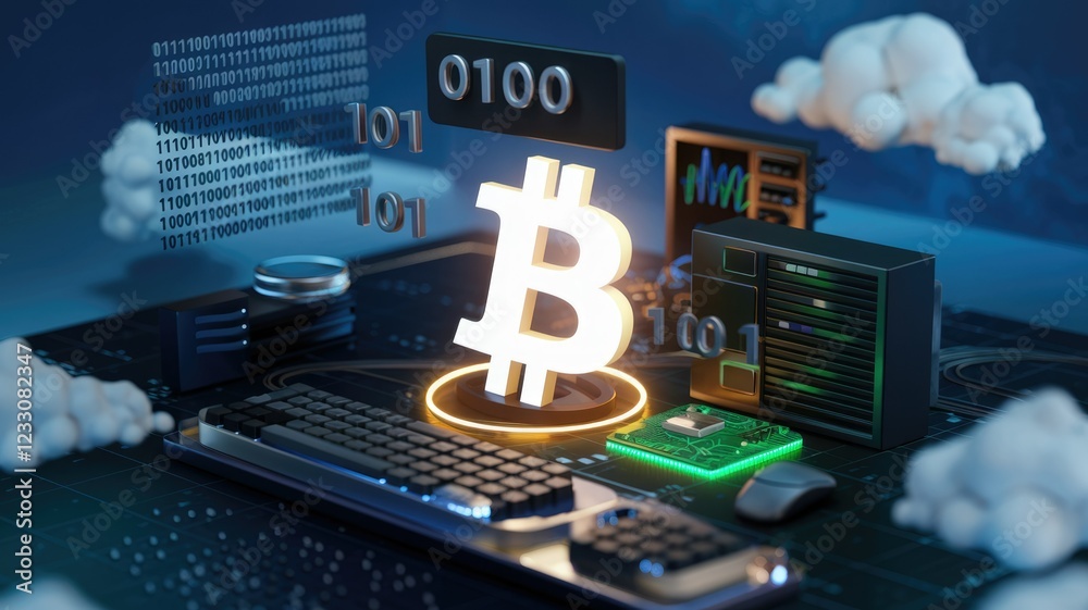 Poster Bitcoin cryptocurrency mining on a futuristic computer setup with binary code and cloud servers.