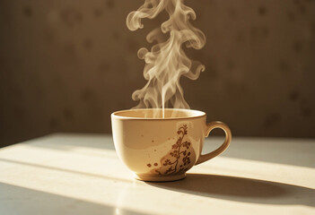 Warm ceramic cup emits steam on a smooth surface in a neutral toned setting during morning.