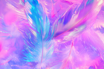 Obraz premium Feathers in holographic blue and purple colors close-up background.