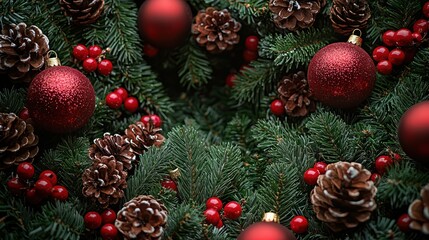 Christmas pine branches, red ornaments, berries, pinecones, festive background/decor