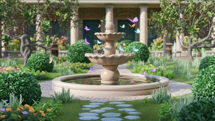 Obraz premium Serene garden fountain with colorful butterflies fluttering around, idyllic setting.