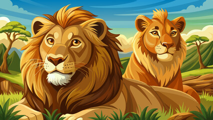Two majestic lions sitting together in the wild