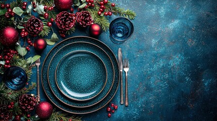 Christmas table setting with ornaments on blue background for holiday dinner