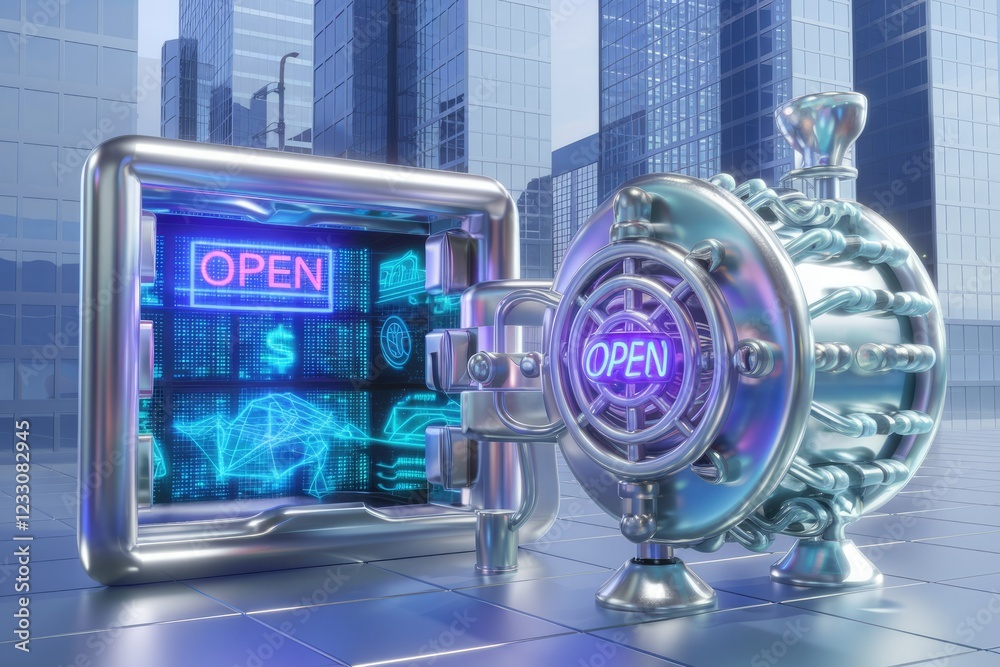 Poster futuristic digital safe unlocks, revealing financial data and open access.